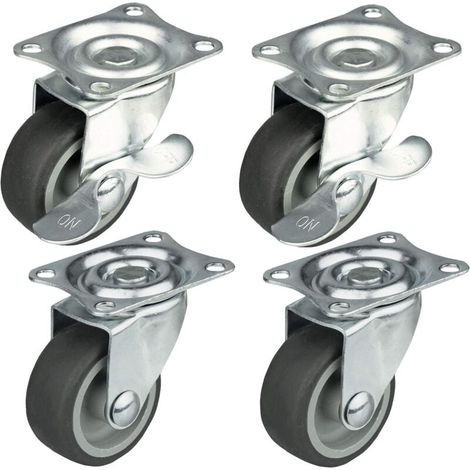 Lot de 4 roulettes pivotantes pour meubles avec une capacité de charge maximale de 25 kg / jeu de roulettes pivotantes pour meubles avec roue Ø 50 mm, avec frein Boîtier en acier avec roues (1/4)