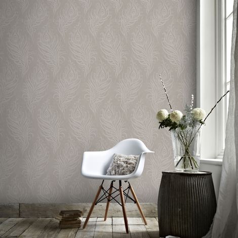 Papier peint intissé Plume de paon Fibreux Métallique 1005 x 52cm Taupe