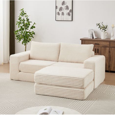 Canapé-lit modulable beige en velours côtelé avec repose-pieds amovible (1/5)