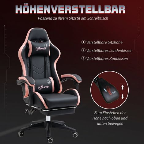 Bürostuhl/Gaming-Stuhl mit 1 Kopfstütze und 1 Lendenwirbelstütze, Pink + Schwarz (1/5)