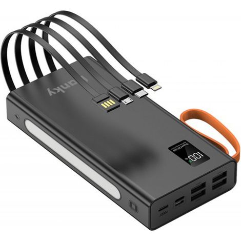 30.000 mAh Powerbank – 22,5 W Schnellladegerät – 5 Anschlüsse – 4 integrierte Kabel – USB-A und USB-C – Notfallset – Kompatibel mit Apple iPhone 13/14/15/16/17 und Samsung S23/S24/S25 – Schwarz (1/5)