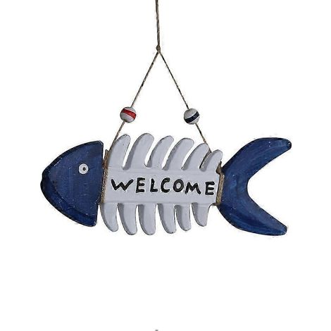 Panneau de bienvenue suspendu en bois bleu en forme de squelette de poisson, pour la décoration intérieure (1 pièce) (1/5)