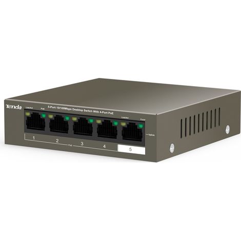 Switch di Rete Tenda TEF1105P-4-63W, 5 Porte con 4 Porte PoE, Velocit� 10/100 Mbps, Chassis in Metallo, Nero (1/4)