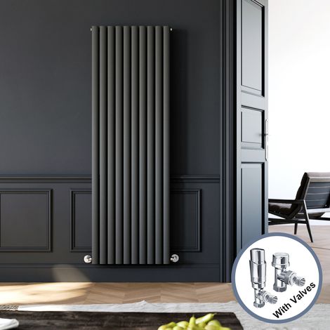 ELEGANT 1800 x 590 mm Anthracite Modern Tall Bar Rads Double Oval Panel Designer Bathroom Radiator + Chrome Thermostatic Radiator Valves (1/5)