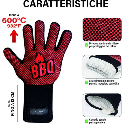 Guanti da barbecue, guanti da forno resistenti al calore fino a 800 °C, guanti da cucina universali resistenti al calore e antiscivolo per barbecue, grill, forno, cucina e camino [1 paio] (1/4)