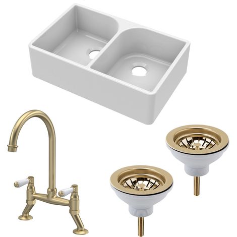 Fireclay Kitchen Bundle - 2 Bowl Full Weir Butler Sink No Overflow with Wastes & Tap - 795mm - Brushed Brass