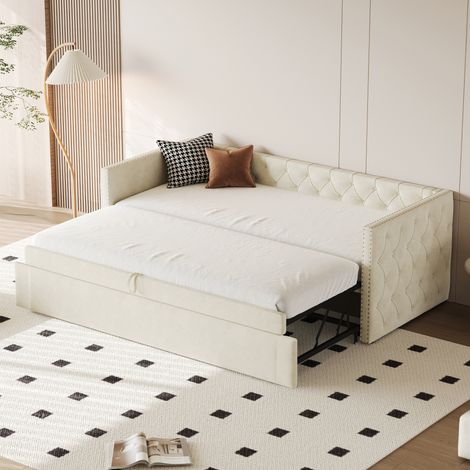 Divano letto imbottito in velluto beige 90x200 cm, estraibile con rete a doghe inclusa