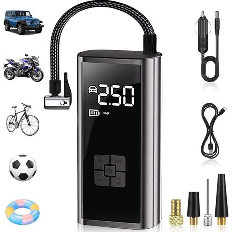 Lntyq Compresseur à Air Portatif, 120PSI Gonfleur Pneus Voiture sans Fil avec 4 Buse, Mini Pompe à Air Électrique avec Lumière LED Affichage Numérique pour Voiture, Vélo, Moto, Ballon
