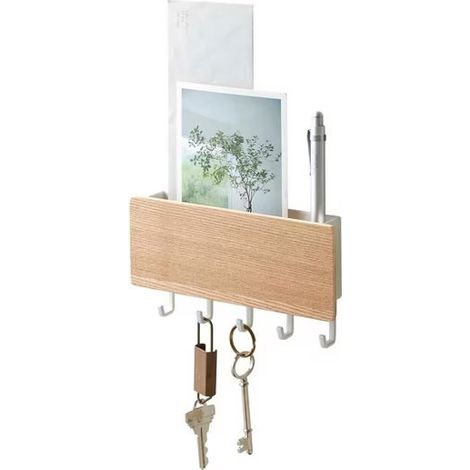 Organisateur mural pour clés avec 5 crochets et tablette de rangement – design compact et fonctionnel, parfait pour entrée, couloir, chambre, bureau et petits espaces, Marron clair (1/5)