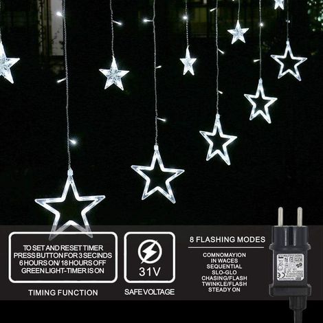 LED guirlandes lumineuses 12 étoiles, rideau lumineux lumières de Noël rideau étoilé 138 LED 8 modes pour intérieur extérieur extérieur décoration de balcon de jardin de mariage de fête de Noël (blanc (1/5)