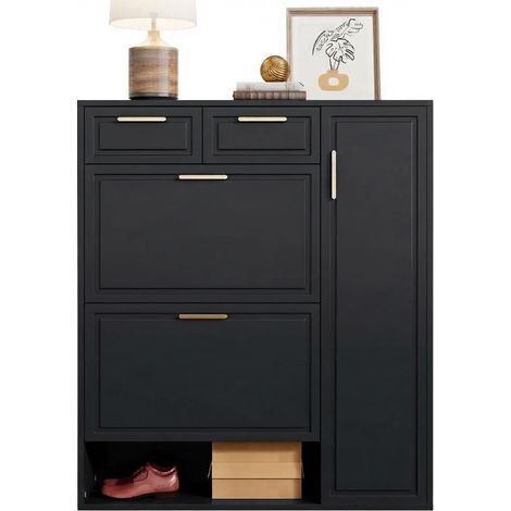 ELVMI Schuhschrank mit 2 Schubladen, Verstellbaren Böden und Offenen Fächern, MDF, Schwarz, 95 x 24 x 107 cm (1/5)