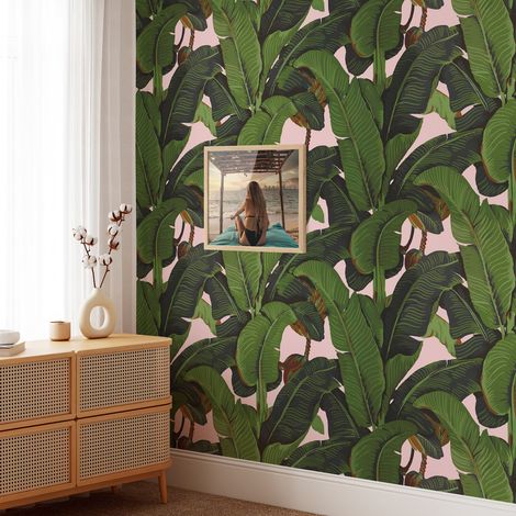 Carta da Parati Foglie di Banano Rosa in Fogli di Carta, 250x200cm (1/5)