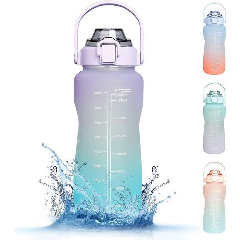 Gourde de sport de 2 litres avec paille et indicateur de temps, gourde d'un demi-gallon avec graduations, violette (1/5)