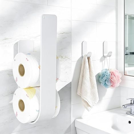 Rangement Papier Toilette Blanc avec 2 Crochets Auto-adhésifs Métal Porte Papier Toilette pour 3 Rouleaux de réserve Support Papier Toilette Mural Porte Papier WC sans Percage (1/5)