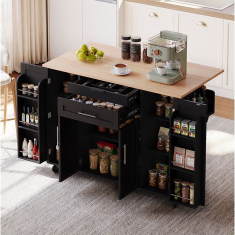 Isla de cocina 136x70x92 cm negro y natural en MDF con encimera extensible, ruedas y gran almacenaje (1/5)