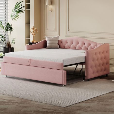 Lit capitonné, canapé-lit extensible, 90200 cm, avec port USB, design classique capitonné avec sommier à lattes, lit multifonctionnel - lit d'appoint, tissu lin, rose (matelas non inclus)