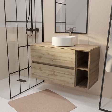 Mobile da bagno 100 cm TIMBER - Effetto Rovere, 2 cassetti e modulo, Lavabo rotondo bianco (1/4)