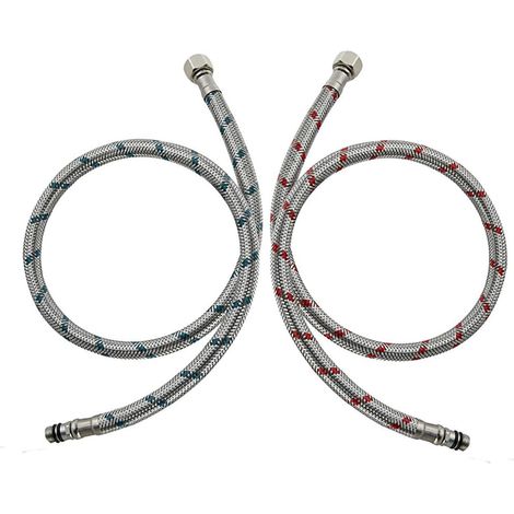 2 Pièces Raccordement de Flexible Robinet G3/8 x M10 60cm, Tuyau Flexible de Connecteur de Robinet en Acier Inoxydable Tuyau de Raccordement Flexible pour Cuisine Douchette Evier (Rouge et Bleu) (1/5)