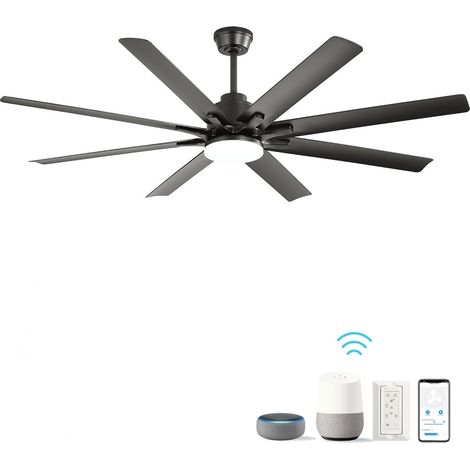 Ventilateur de plafond 167 cm, 8 pales, ventilateur de plafond avec lumiere, intensité variable 18 W, 6 vitesses, minuterie via application, ventilateur de plafond interieur - Noir (1/5)