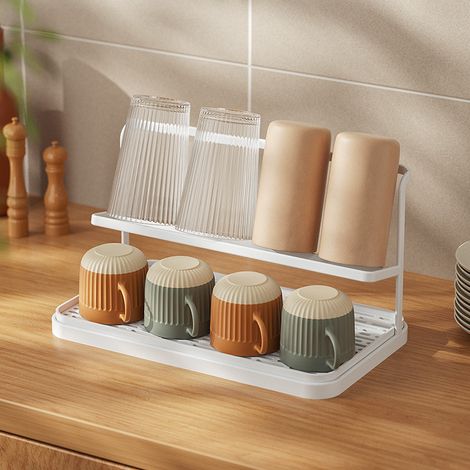 Scaffale murale a due livelli per tazze giapponesi e macchine per il caffè – Supporto di stoccaggio inclinato con sistema di scolo – Design minimalista bianco, ideale per cucina e bar