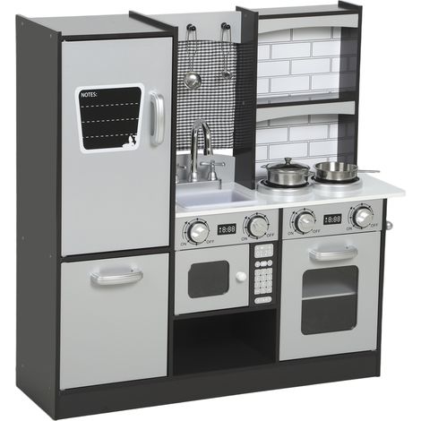 Cuisine en bois pour enfants de 3 à 8 ans avec accessoires, réfrigérateur, évier et boutons sonores, couleur marron.