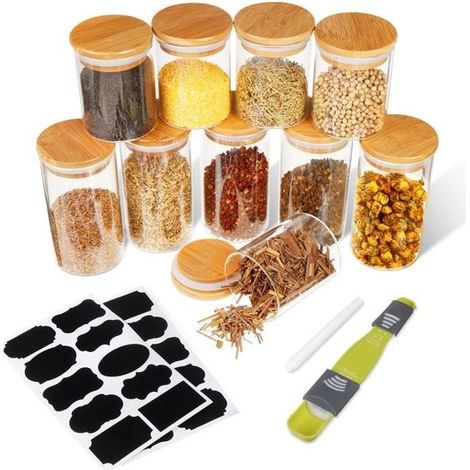 Lot de 10 bocaux alimentaires en verre borosilicaté - 5 x 250 ml + 5 x 350 ml - Hermétiques - Couvercles en bambou (1/4)