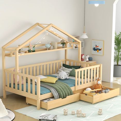 Lit Cabane Enfant 90x200 cm Lit Maison avec 2 Tiroirs et Sommier à Lattes - pour Chambre Enfant et Adolescent - Pin Massif - Naturel
