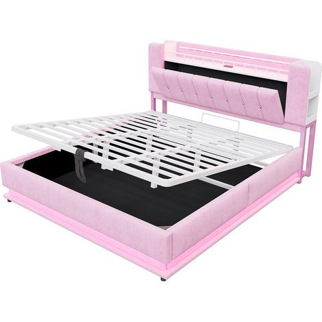 Cama tapizada 180 x 200 cm con LED, USB y arcón hidráulico, terciopelo rosa (1/5)