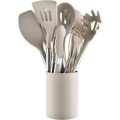 Ensemble d'ustensiles de cuisine, 12 pièces, en silicone, résistant à la chaleur, beige. (1/5)