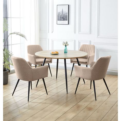Hallowood Furniture Cullompton Large Round Dining Table and Chairs Set 4, Oak Effect Kitchen Table and Dining Chairs with Arm Support in Cream Fabric Upholstery, Café and Home Kitchen Furniture (1/5)