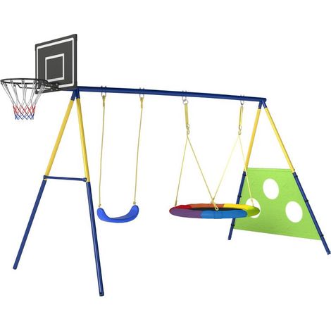 Portique 4 en 1 jusqu'à 150 kg avec balançoire nid, panier de basket, but de football, balançoire en U, 288 x 160 x 220 cm