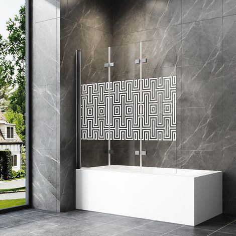 120 x 140 cm Pare-baignoire pliant 3 pièces, paroi de douche pour baignoire Paroi de douche pour baignoire avec labyrinthes blancs rayés en verre de sécurité ESG 6 mm
