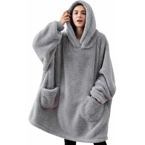 Sweat Plaid a Capuche Adulte Plaid Polaire avec Manche Femme Homme Couverture à Capuche avec Manche Poches Portables, Plaid Pull Couverture Canape TV Hiver,Gris