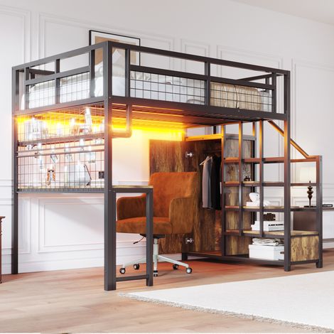 Cama alta de metal 140 x 200 cm con escritorio, almacenaje, escalera y LED, negra (1/5)