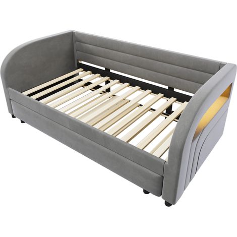 Cama plataforma acolchada 90x200 con cama nido y tira LED, gris (1/5)