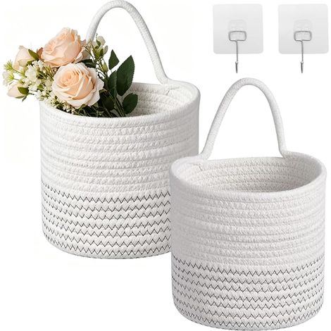2er-Pack Wandkörbe, Baumwollseilgeflecht mit 2 Haken, 15 x 16 cm Hängekorb zum Aufhängen, Aufbewahrungskörbe, Hängekorb, geflochtener Korb für Küche, Bad, Schlafzimmer, Wohnzimmer (Weiß + (1/5)