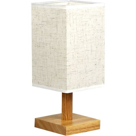 Nachttischlampe im Retro-Stil aus Naturholz, quadratische Form, Lampenschirm aus Stoff, USB-Anschluss (Plug & Play)