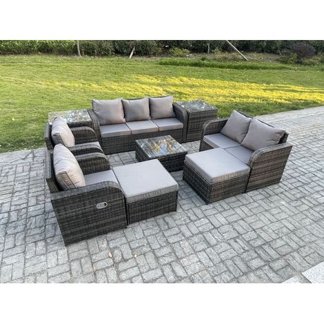 Fimous Meubles de jardin en rotin 9 Pièces Table basse carrée Canapé Fauteuil avec 2 Grand tabourets 2 Table basse carrées d'appoint (1/5)