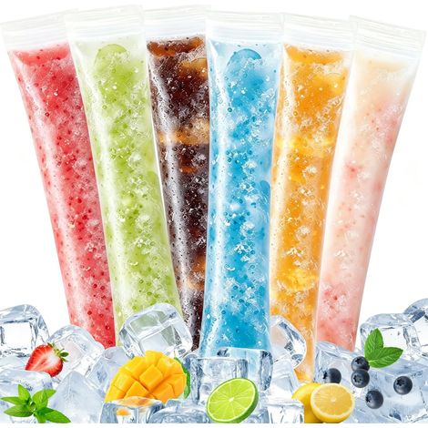 Pack de 100 tubes de crème glacée à l'eau réutilisables sans Bpa sac à glaçons DIY de 5,5 x 28 cm pour bâtonnets de crème glacée maison et jus de fruits (1/5)