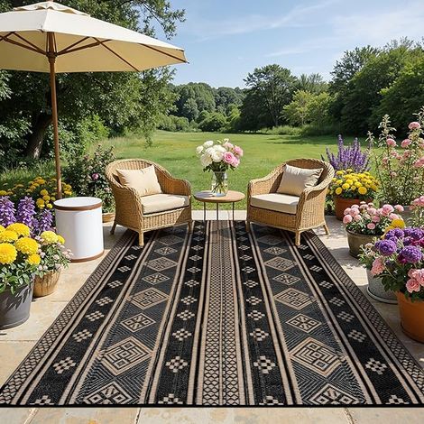Tapis extérieur réversible imperméable résistant UV pliable balcon terrasse camping plage 180x270 cm noir (1/5)
