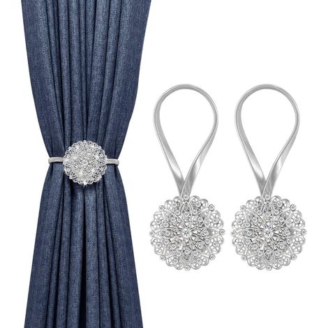 JSSEVN - Curtain Tiebacks with Magnetic Buckle [Set of 2, 6.5521cm], Elastic Curtain Loops, Crystal Flower Clips, with Spring Wire, No Drilling Required, Home Office Decoration - Silver (1/5)