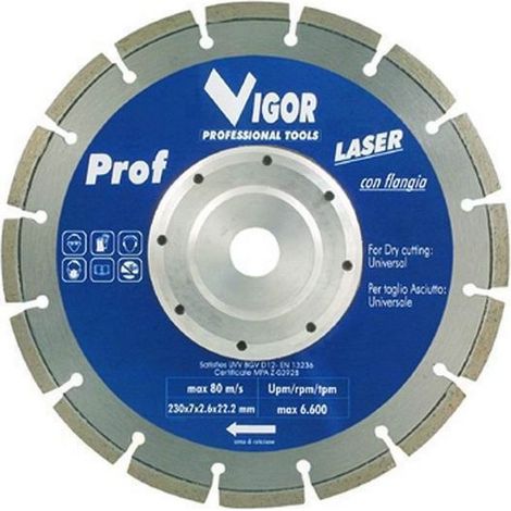 Vigor 5281540 PROF-LAS Disco Diamantato a Settori Diametro 230 mm Per Tagli a Secco Tecnologia Saldatura Laser Velocita' Max 80 m-s 6600 rpm colore Nero