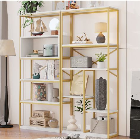 Scaffale moderno 160 x 29,5 x 180 cm in metallo e MDF, bianco e dorato (1/5)