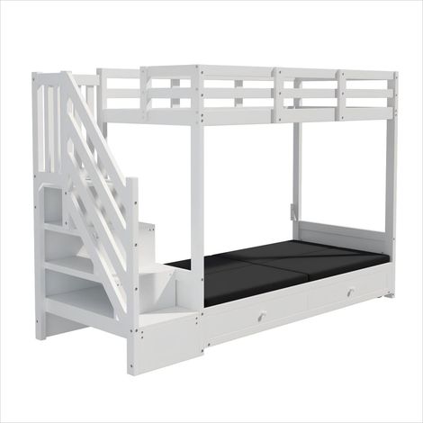 Lit superposé pour enfants, lit double multifonction, avec armoire d'escalier et 2 tiroirs, sans matelas, l'étage inférieur peut servir de lit ou de canapé et comprend des coussins, blanc, 90200 (1/5)
