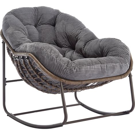 Fauteuil à bascule d'extérieur en rotin synthétique avec coussin rembourré gris 78x106x90 cm (1/5)