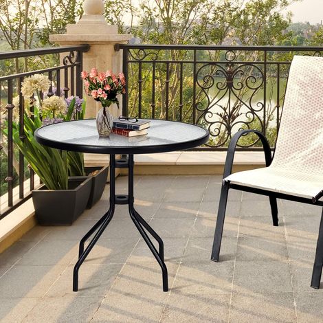 GOPLUS Table de Jardin, Table d'Appoint Ronde avec Plateau en Verre, Structure Métallique, Trou de Parasol de 43mm,Motif de Vagues d'eau, pour Extérieur Jardin Patio Cour Balcon, 70x71cm (1/5)