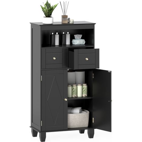 COSTWAY Freestanding Bathroom Cabinet 108cm 2 Drawers 2 Doors Adjustable Black (1/5)