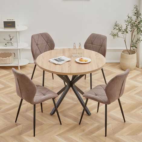 Wokaka Ensemble table et chaises de salle à manger - style vintage - Table ronde MDF couleur chêne - avec 4 Chaises Dossier haut (marron) (1/5)
