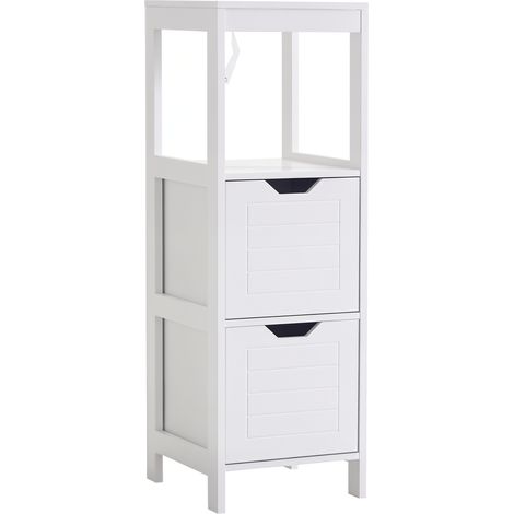Meuble de salle de bain blanc 30x30x89 cm avec étagère ouverte, 2 tiroirs et anti-basculement, design compact fonctionnel et sécurisé