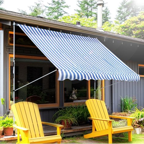 Store banne manuel 300x150 cm réglable en hauteur 170-280 cm, toile polyester, structure aluminium bleue (1/5)